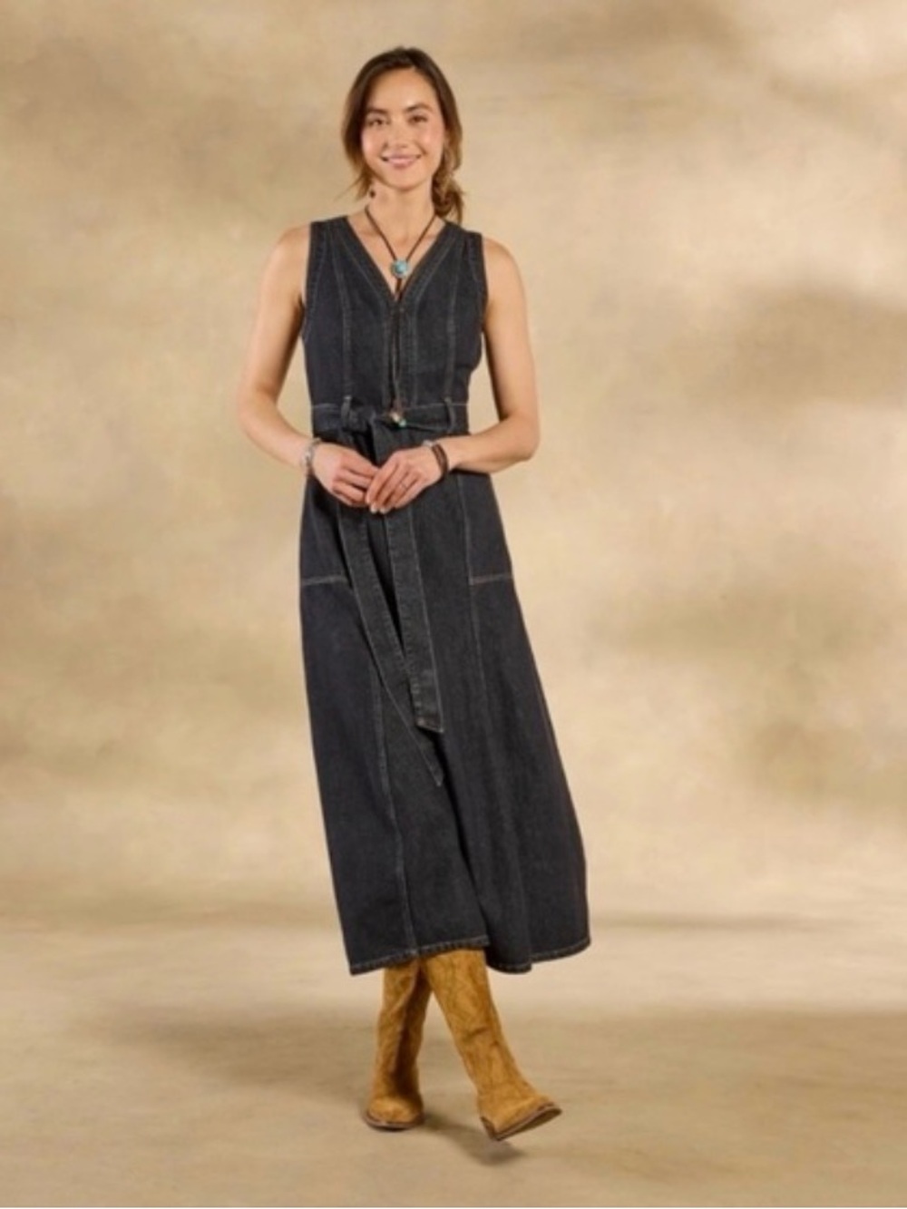 Sundance Black Denim Sleeveless Maxi Dress with Tie Belt